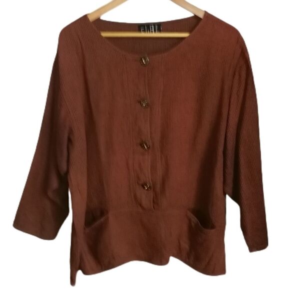 C Wall Tops - 𝅺C WALL Chocolate Brown Waffle Knit Oversized Lagenlook Button Front Top Large
